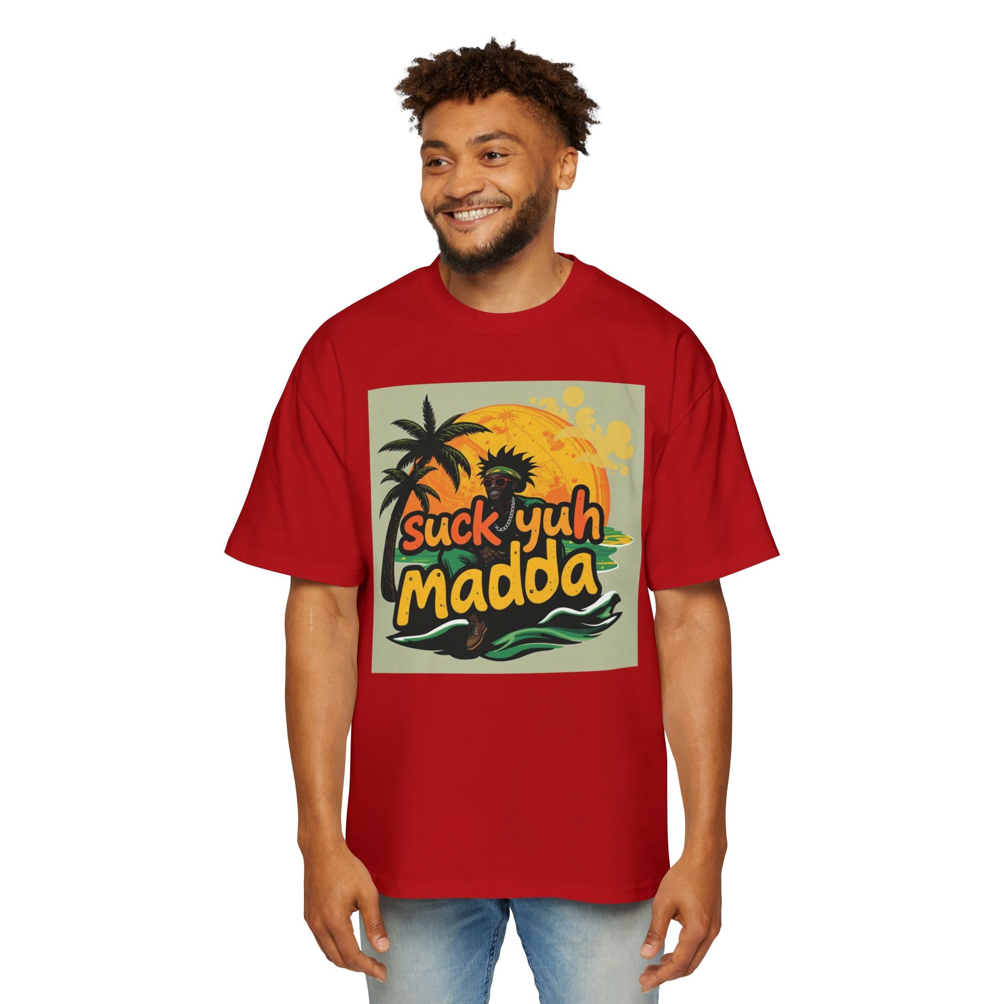 Graphic Tee — "Suck Yuh Madda" Tropical Sunset Palm Shirt