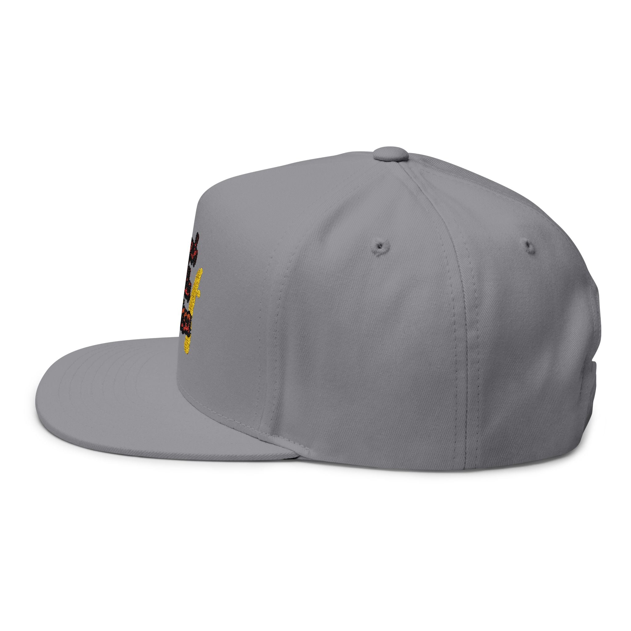 Embroidered Flat Bill Cap — "suck yuh madda mellissa" Bold Script Snapback