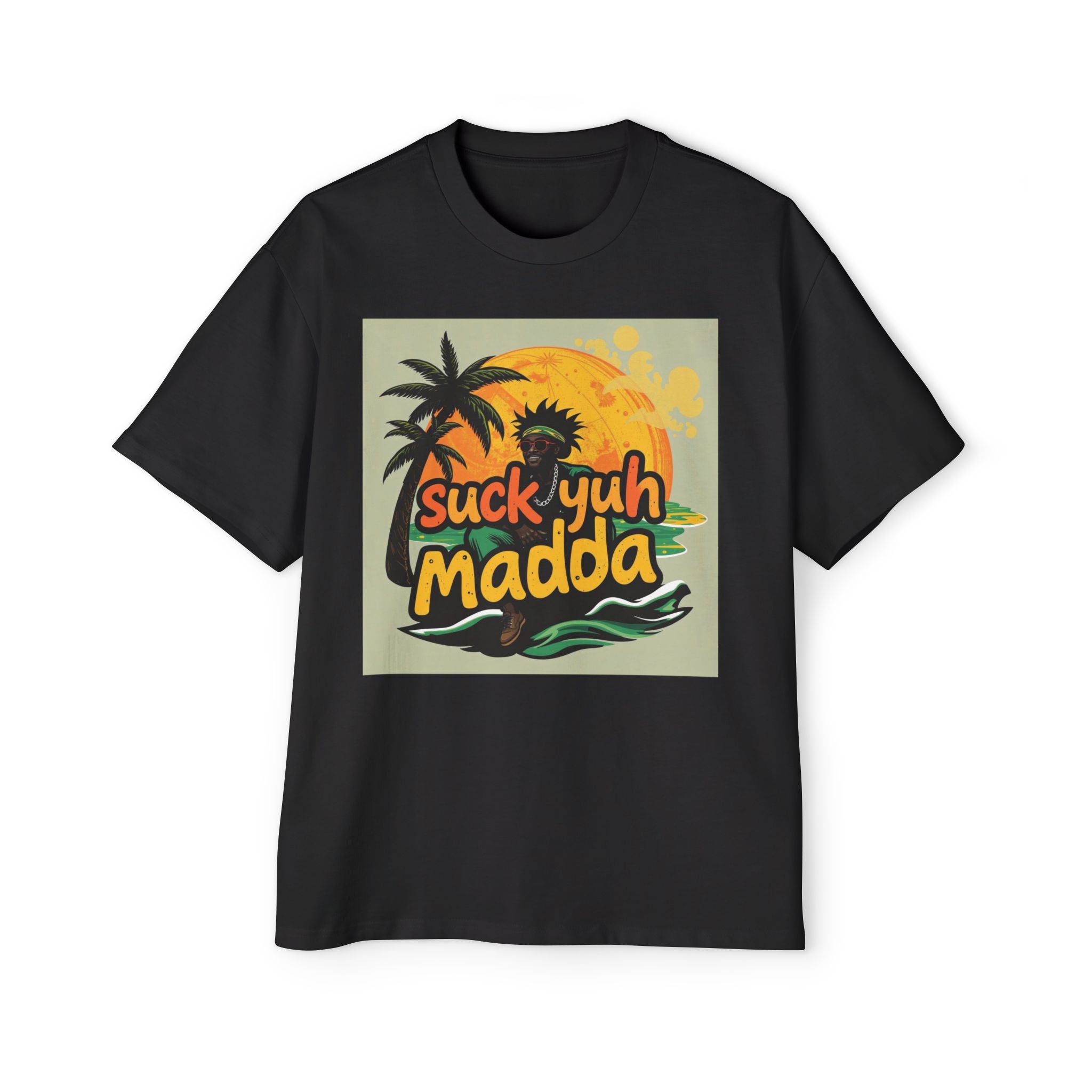 Graphic Tee — "Suck Yuh Madda" Tropical Sunset Palm Shirt