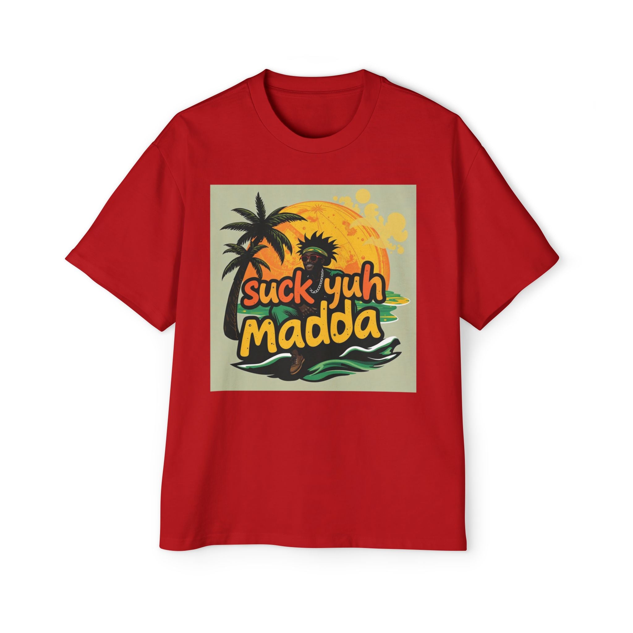 Graphic Tee — "Suck Yuh Madda" Tropical Sunset Palm Shirt