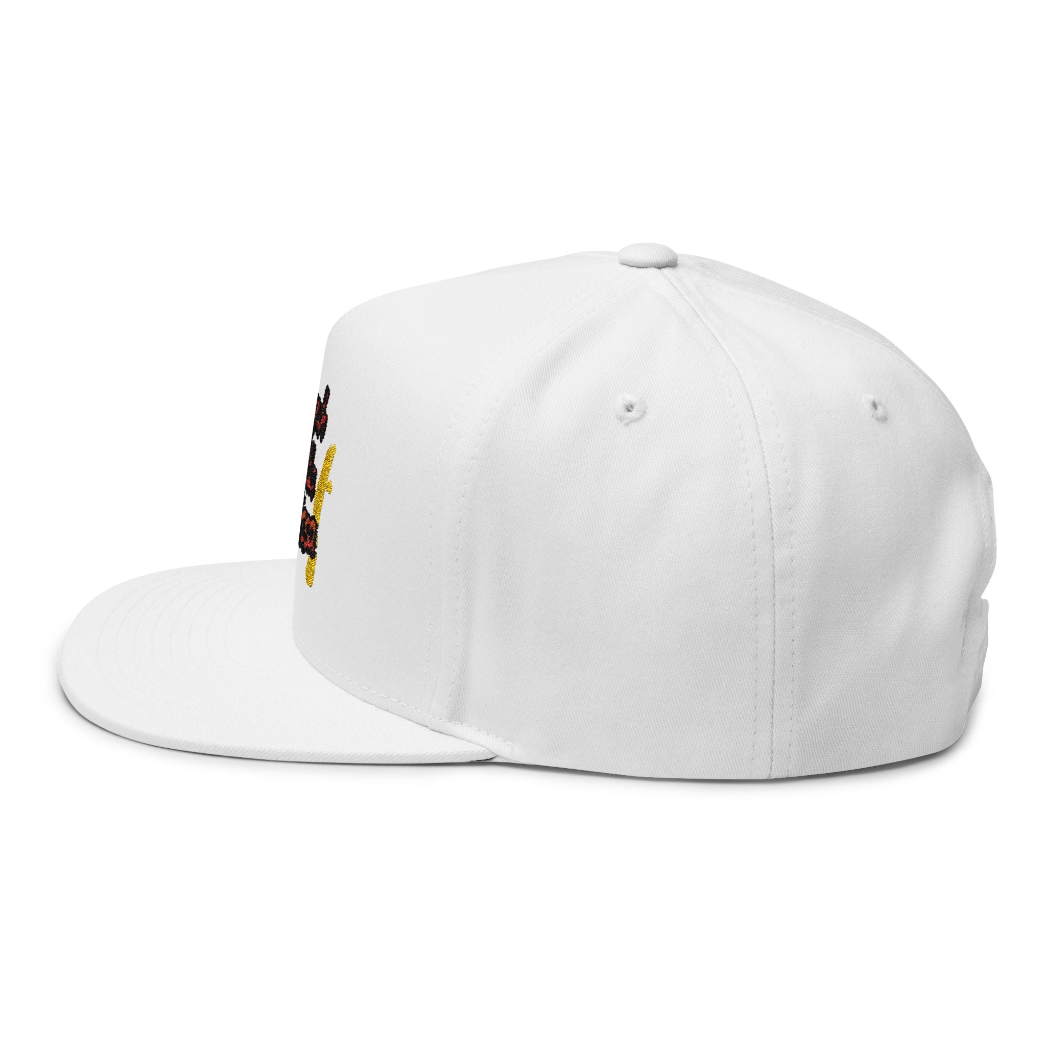 Embroidered Flat Bill Cap — "suck yuh madda mellissa" Bold Script Snapback
