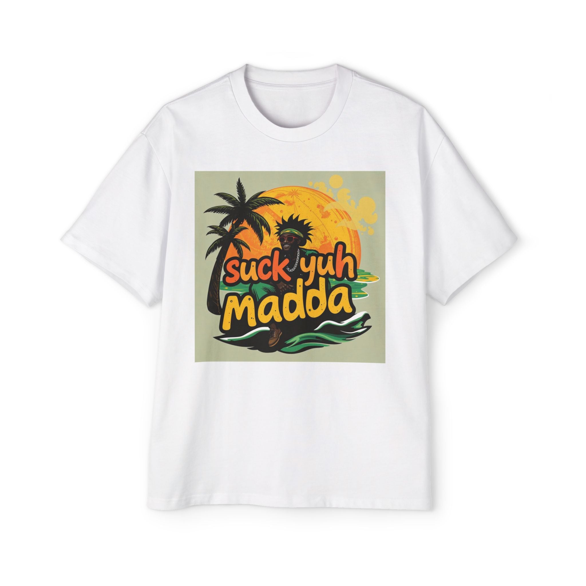 Graphic Tee — "Suck Yuh Madda" Tropical Sunset Palm Shirt