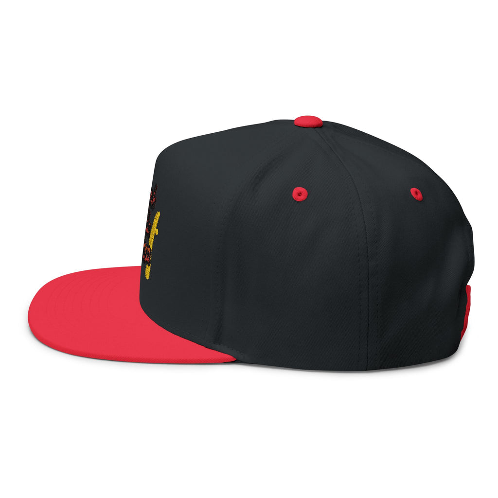 Embroidered Flat Bill Cap — "suck yuh madda mellissa" Bold Script Snapback