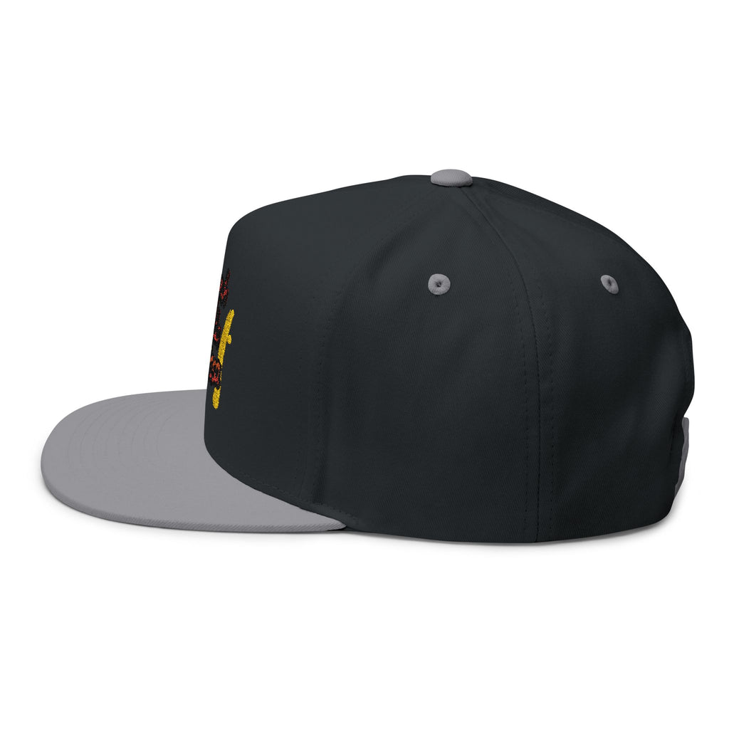 Embroidered Flat Bill Cap — "suck yuh madda mellissa" Bold Script Snapback