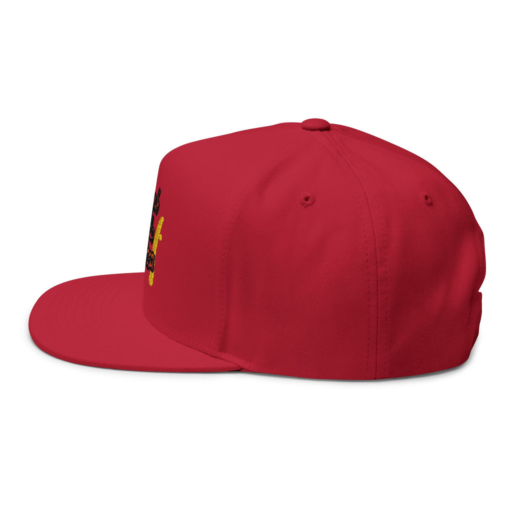 Embroidered Flat Bill Cap — "suck yuh madda mellissa" Bold Script Snapback