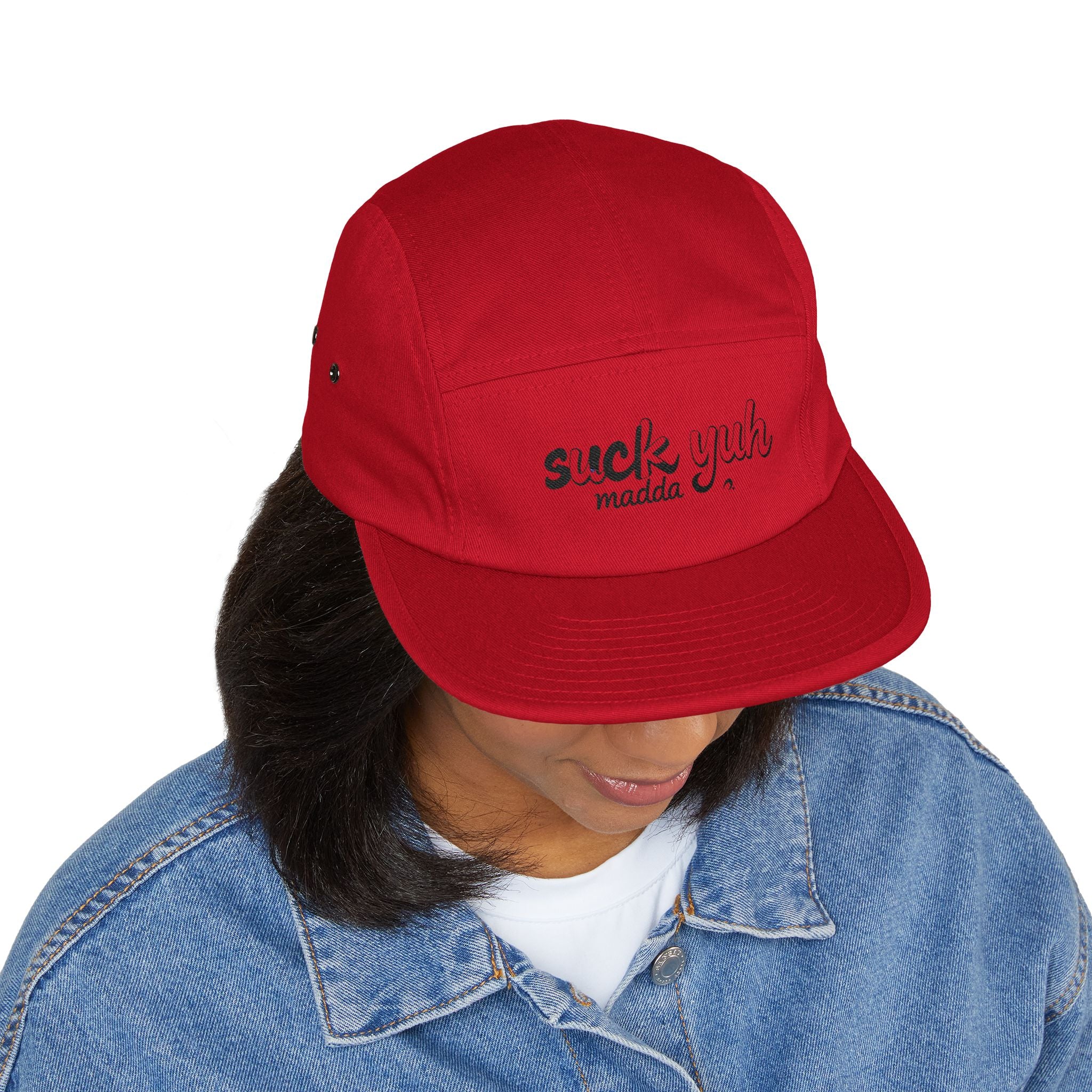 Embroidered 5 Panel Cap - Suck Yuh Mada Disrespectful Term Design